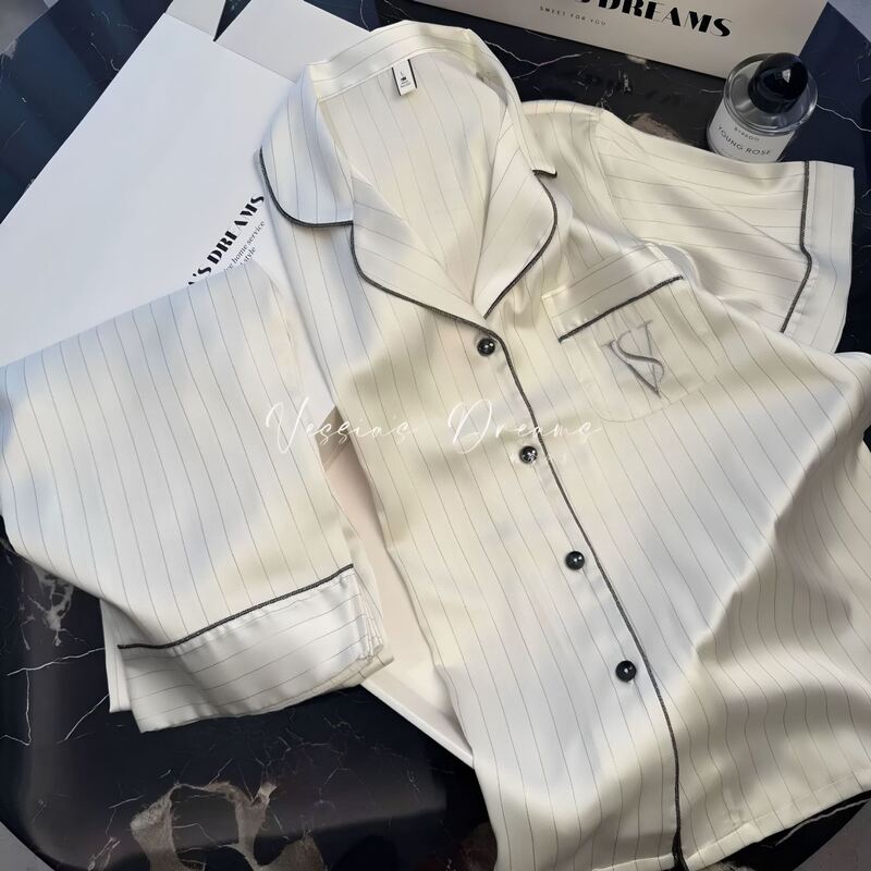 2026 Weijia Same Style Summer Pajamas for Women, Ice Silk Striped Print Short-Sleeve Long Pants, Thin and Suitable for Wearing Outside, Loungewear