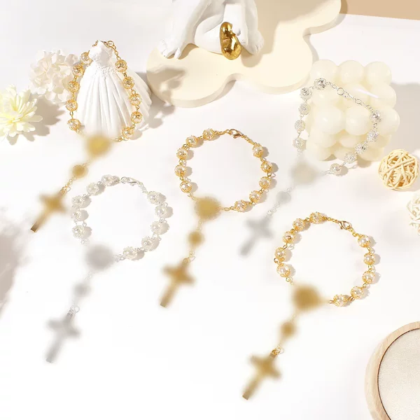 Gold and Silver Lace Glass Imitation Pearl Baptism Bracelet Amazon Cross Beaded Prayer Bracelet Manufacturer Wholesale