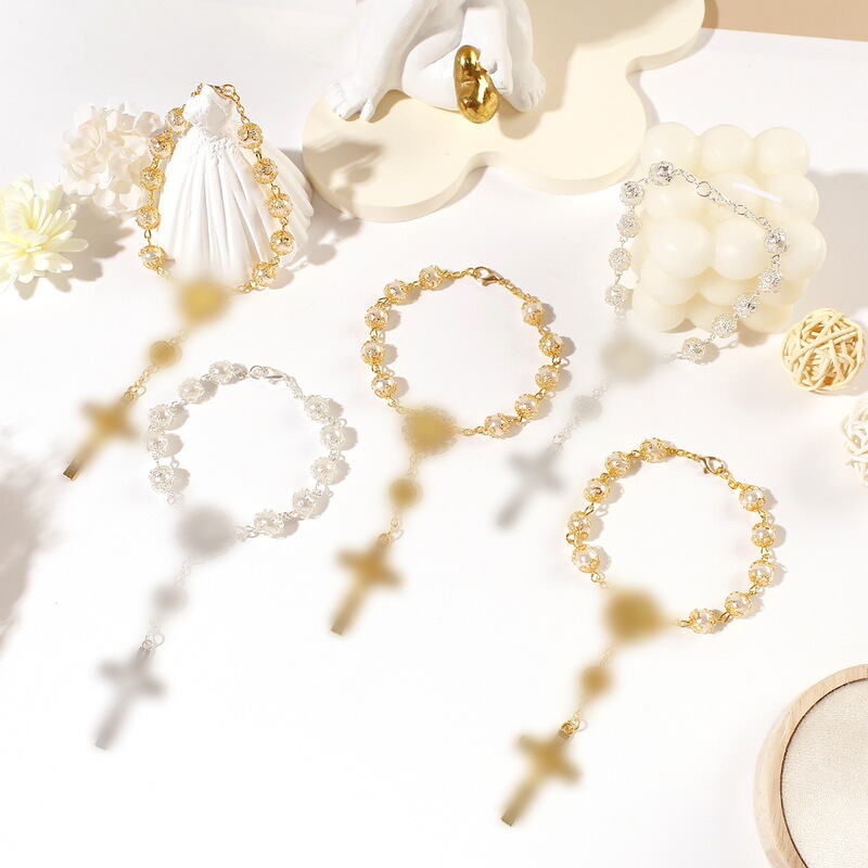 Gold and Silver Lace Glass Imitation Pearl Baptism Bracelet Amazon Cross Beaded Prayer Bracelet Manufacturer Wholesale