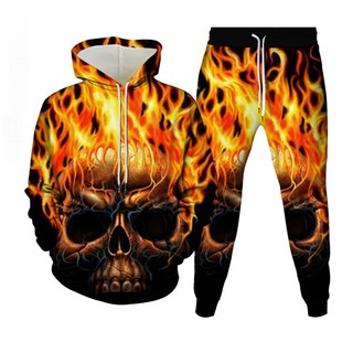 Teum cross-border hot sale autumn and winter 3D horror skull print plus size loose hoodie sweatshirt sweatpants suit
