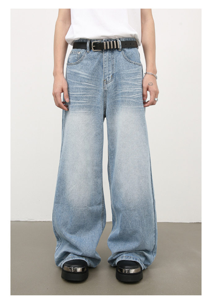 Quần jean nam ống đứng dáng suông rộng, vải denim giặt nước hiệu ứng nếp gấp, phong cách đường phố — Màu xanh lam chi tiết 6