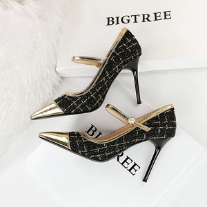 3739-6 French Small Fragrance Style High Heel Shoes Women's Shoes Slim Heels, Light Mouth Color Block, Pointed Toe,