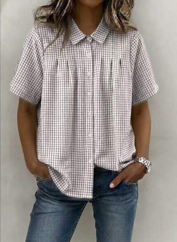 Women's Clothing Summer Women's Plaid Short Sleeve Shirt Casual Lapel Fashionable Versatile Style Top For Formal & Casual For Women_ecoleips.com
