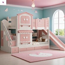 儿童床女孩上下床两层公主风城堡床滑梯床多功能儿童床二层上下铺
