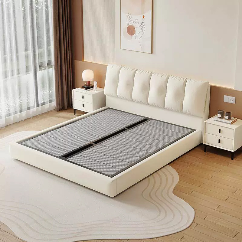 Cama de tela Ins Cloud para dormitorio principal de apartamento pequeño, cama doble moderna minimalista de tela tecnológica suave con almacenamiento de cuero.