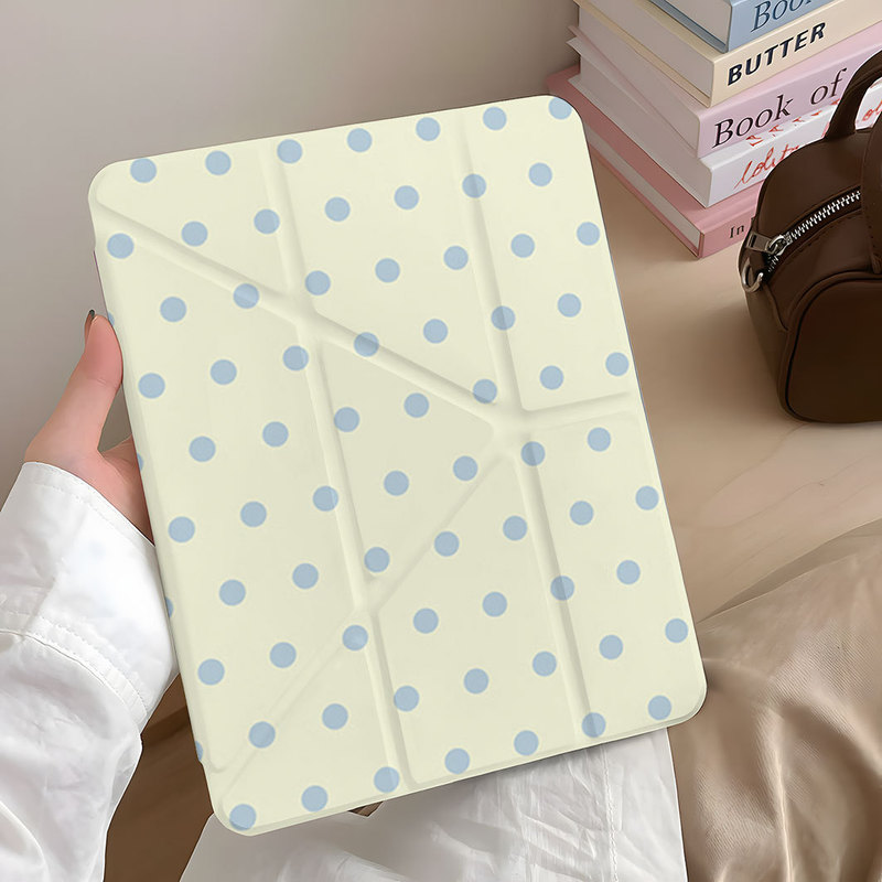 Blue and Yellow Polka Dot Y-Fold iPad Mini7 Tablet Pro 11inch A1610/9/8 Generation Air6/5 Protective Case