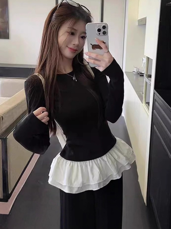秋季新款纯欲风辣妹棉长袖正肩t恤女修身显瘦百搭设计感女打底衫|undefined