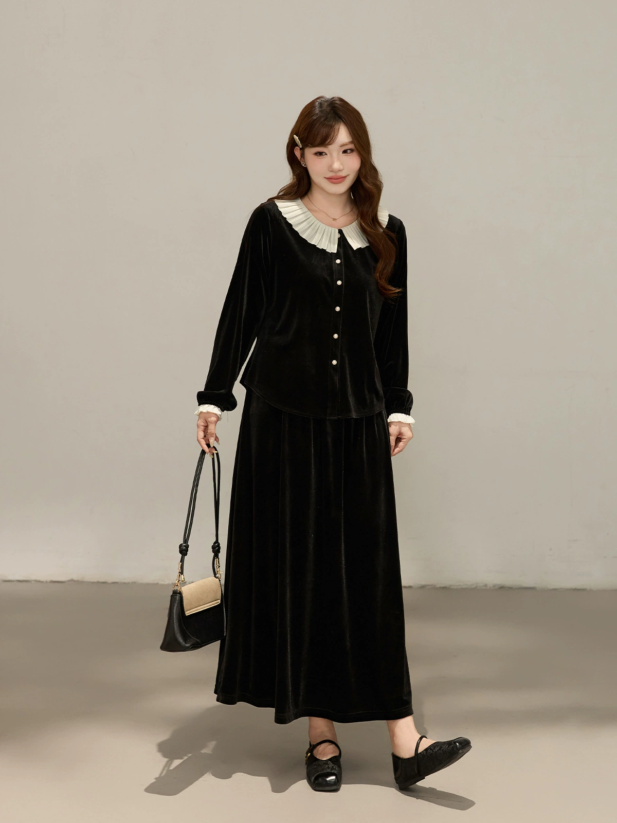  Velvet autumn skirt, bright catchy style, high waist, A-line, plus size, loose fit