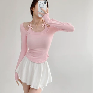 Модная однотонная футболка с длинным рукавом и бантом, европейский стиль, осенняя