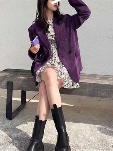 紫色灯芯绒西装外套女秋季2023新款复古气质感宽松休闲小西服