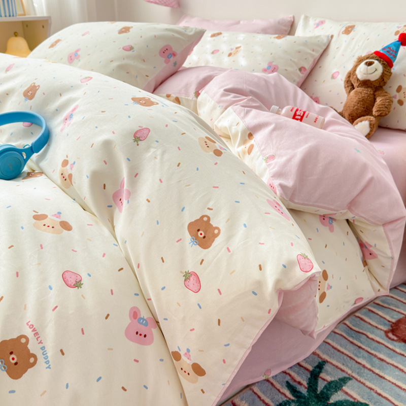 Temporada escolar cama de dibujos animados de cuatro piezas algodón puro algodón 2025 nueva funda edredón sábana dormitorio juego de tres piezas