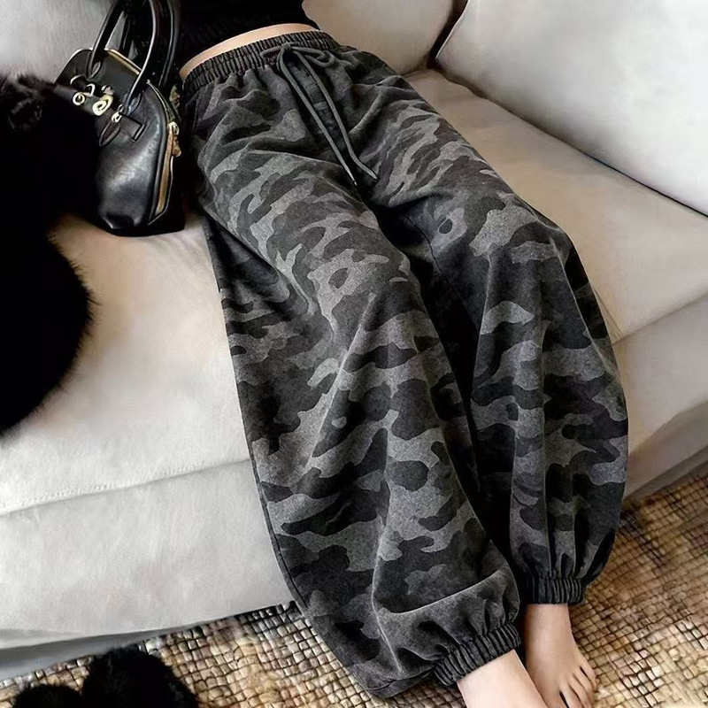 New European and American Style Drawstring Printed Camouflage Loose Wide-Leg Pants for Women with Elastic Waist, Straight-Leg Casual Sports Jogger Pants New European and American Style Drawstring Printed Camouflage Loose Wide-Leg Pants for Women with Elastic Waist, Straight-Leg Casual Sports Jogger Pants