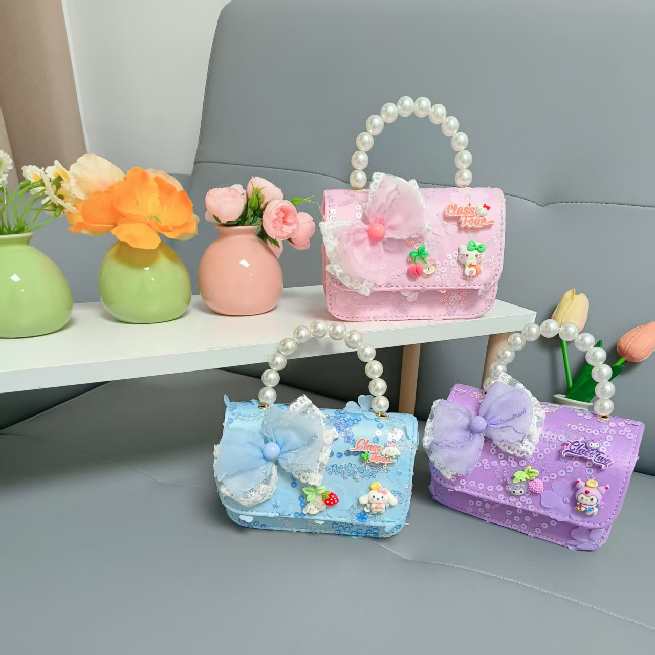 Niños perlas bolsos portátiles de princesa arco de mariposa Kullomi cadenas bolsos de Año Nuevo de chicas pequeñas bolsas de mochila de viento fragante