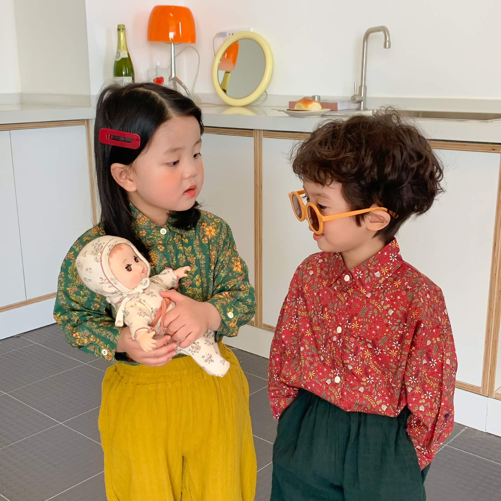 Jiaye Children's 2024 Spring New Children's Floral Long-Sleeved Shirts Men's and Women's Baby Forest Retro Hong Kong Style Shirts