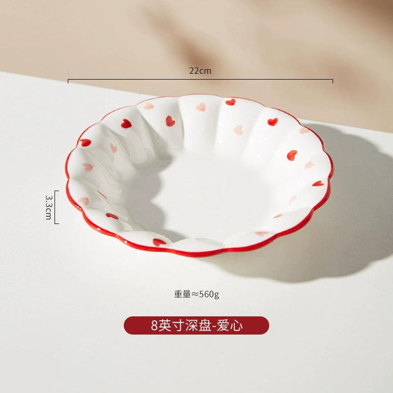 Ceramic tableware set, Chinese‑style capacious soup bowls and plates, red heart rim, multiple sizes