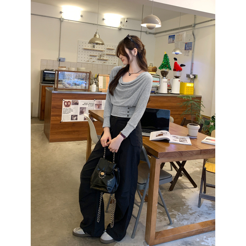 欧货今年流行高级感荡领长袖T恤女2025早秋新款独特短款上衣|undefined