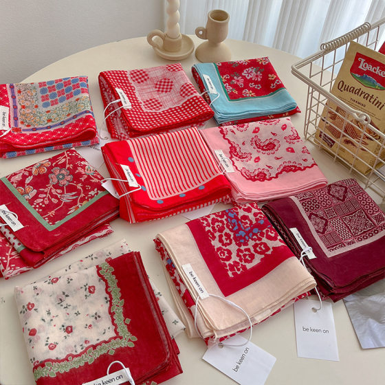 Red Style Summer Fresh Sunscreen Small Square Cotton Linen Silk Scarf Women's All-match Headscarf Fashion Bag Headscarf Scarf