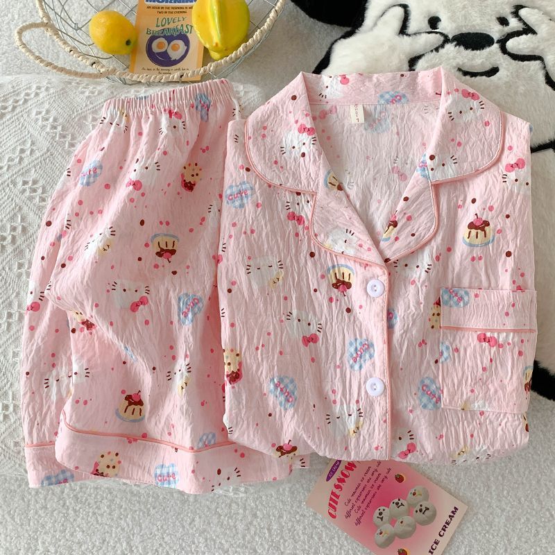 Comercio exterior de Vietnam verano nuevo estilo nube rebeca de algodón solapa dulce pijama de dibujos animados pantalones cortos de manga corta traje de servicio a domicilio para mujer