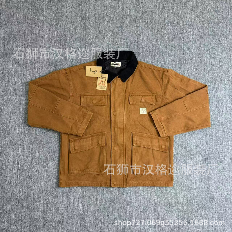 新款斯图重磅复古重工工装水洗加厚款翻领棉服夹克外套宽松|undefined