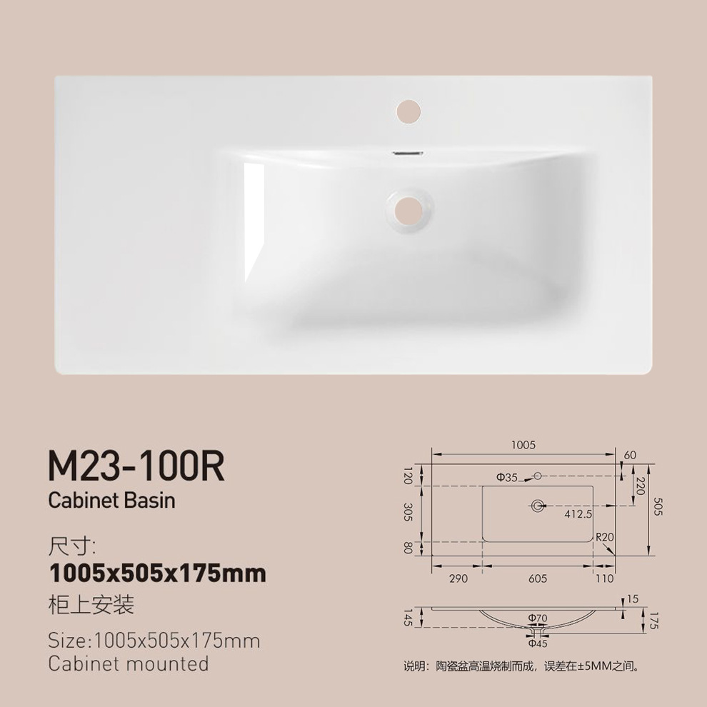 Lavabo de baño, lavabo individual, lavabo integrado de cerámica, lavabo de lado delgado, mesa simple, lavabo izquierdo y derecho, esquinas cortadas