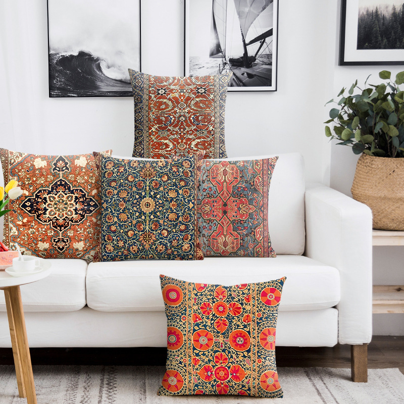 Cross-Border Bohemian Ethnic Style Throw Pillow with Vintage Print for Sofa, Bed, Home Decor, Short Plush Cushion