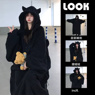 小恶魔睡袍女秋冬季2024新款长款珊瑚绒情侣睡衣男加绒加厚家居服