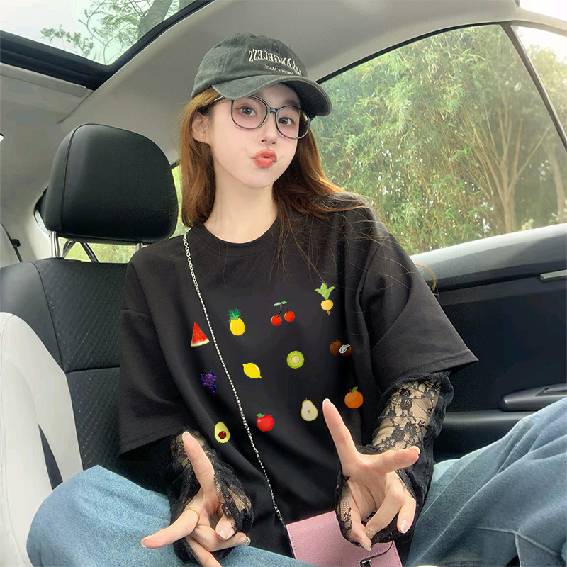 Fresh and Simple Fruit Print Pure Cotton Fake Two-Piece T-Shirt for Women with Lace Design, Sun Protection Mid-Length Top Ins Fresh and Simple Fruit Print Pure Cotton Fake Two-Piece T-Shirt for Women with Lace Design, Sun Protection Mid-Length Top Ins