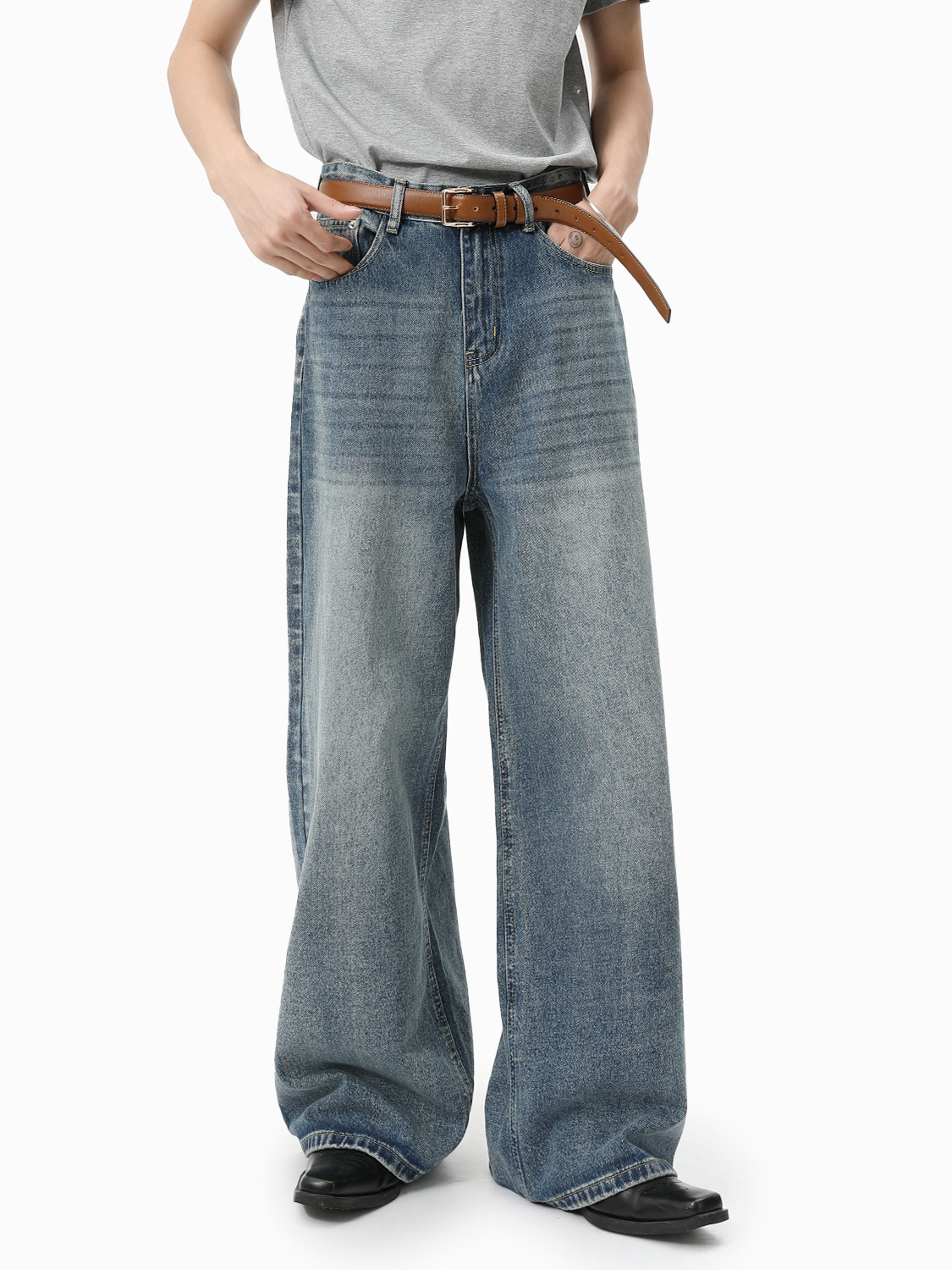 MTLCLOTHES Hombres| Coreano cleanfit recto colgando sensación de piernas anchas con pantalones vaqueros lavados con agua