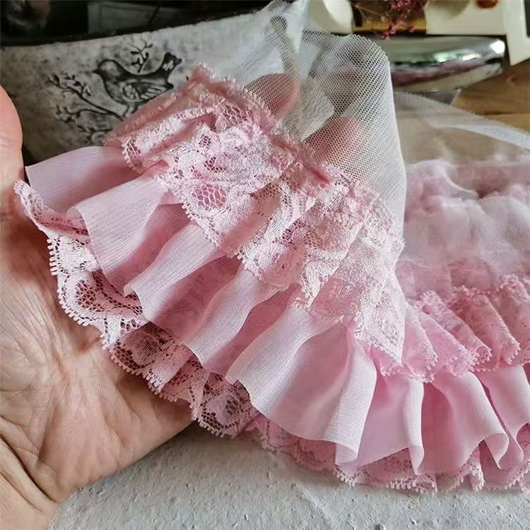 10cm de ancho tres capas de encaje rosa chiffon encaje Lolita ventanas de encaje vestido de bebé decoración DIY