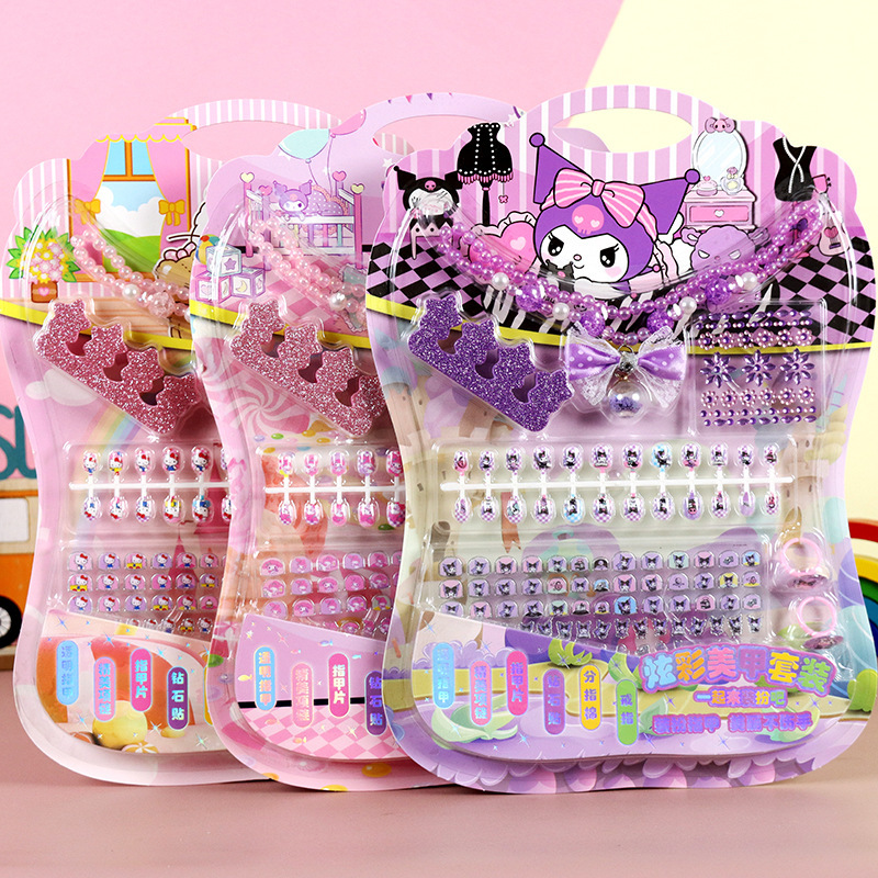 Children's Cartoon Nail Stickers Sanrio Bow Necklace Ring Wearable Nail Diamond Paste Nail Fake Pieces