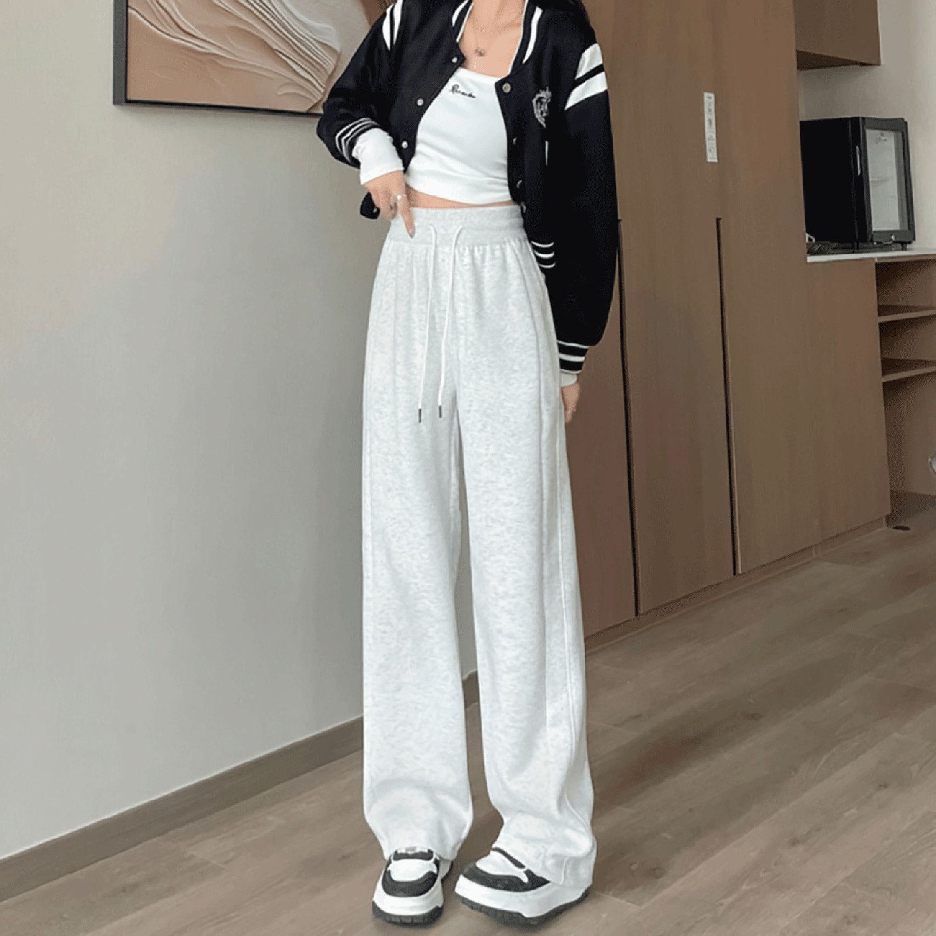 Grey Sports Pants Women's Casual Pants 2024 New Straight Pants Spring and Autumn Short Narrow Wide Leg Pants 6996