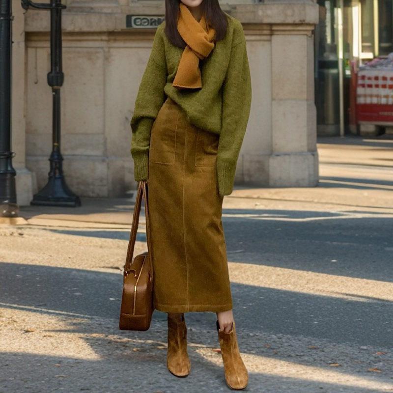 가을 여성의 2025 새로운 외국식 연령 감소 니트 스웨터 하이 허리 엉덩이 스커트 투피스 세트 세트