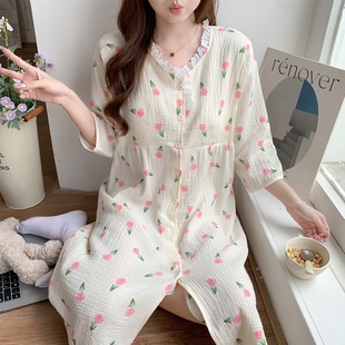 (with Breast Pad) Cotton Wrinkled Cloth Maternity Nursing Nightgown Gauze Summer Short-Sleeved Confinement Clothes Drop Shipping Free Shipping