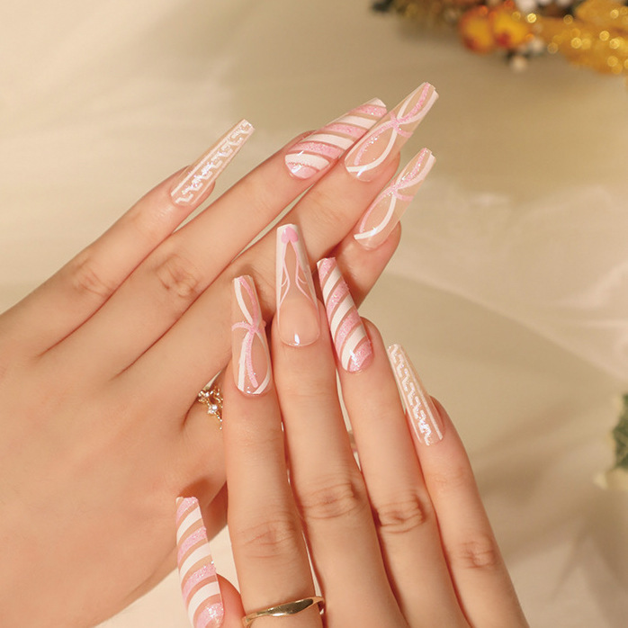 Pink and White Glitter Christmas Wears Geometric Lines Christmas Manicure Love Fake Nails Nail Stickers Wholesale