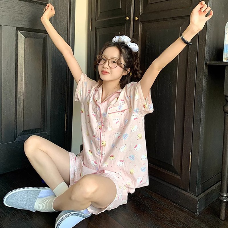 Nube de algodón pijama de mujer verano nuevo dibujos animados impresión pantalones cortos de manga corta dos conjuntos de pareja de estudiantes ropa para el hogar