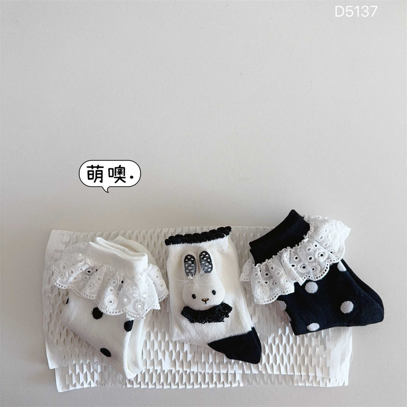 1萌噢2025秋冬中筒袜女宝童袜韩系小兔波点蕾丝棉袜2-12岁D5137|undefined