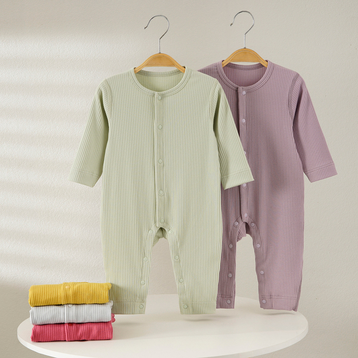 Newborn Ribbed Long-Sleeve Spring and Autumn Button-Up Jumpsuit Baby Clothes Newborn Boys and Girls Pajamas Crawling Outfit