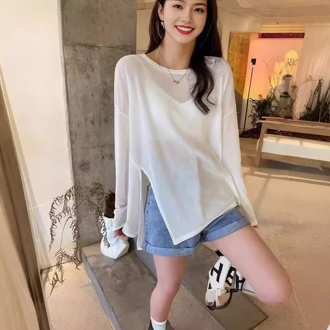 Sheer ice silk top, summer irregular long-sleeved face mask t-shirt, women's loose thin split sun protection cover-up, trendy