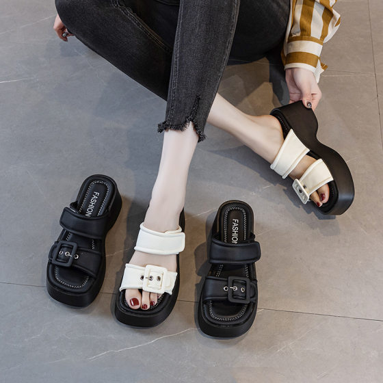Women's Thick-Soled Sandals for Outer Wear 2025 Summer New Style Sequined Niche Open-Toe Sandals Flip-Flops Tall Casual Shoes