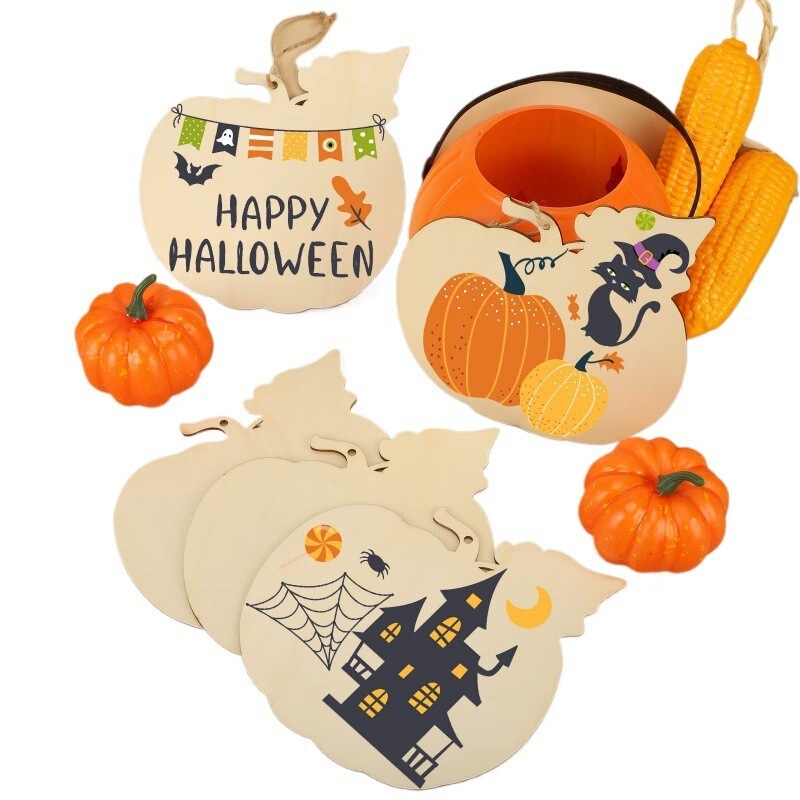 クロスボーダー木製工芸品ハロウィーン装飾カボチャ木製スライスクリスマス子供DIY落書き木製スライス小さなペンダント|undefined