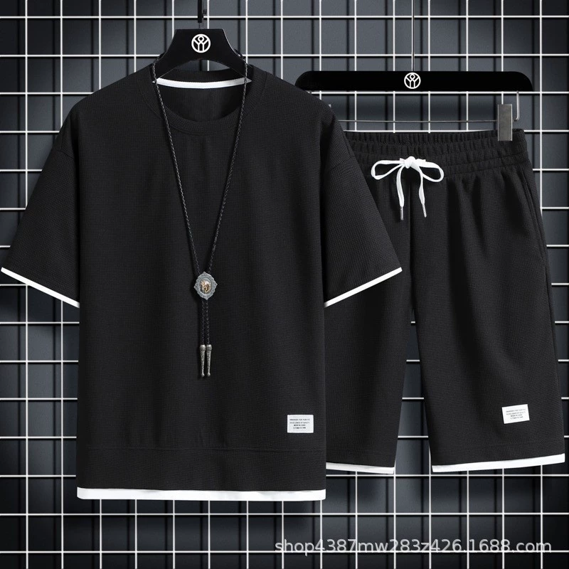 Повседневный спортивный костюм, мужской летний тонкий комплект из двух предметов, футболка с короткими рукавами и шорты с полным комплектом модного бренда, свободный