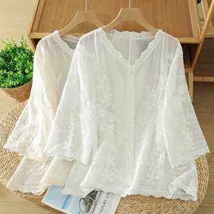 Real Shot of Summer New Style Literary Retro Shirt Embroidered Loose Sun Protection Cardigan Jacket Casual Versatile Top for Women