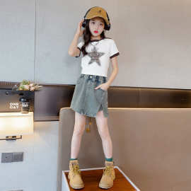 女童夏装套装2025新款中大童洋气时髦短袖夏季牛仔短裤休闲两件套