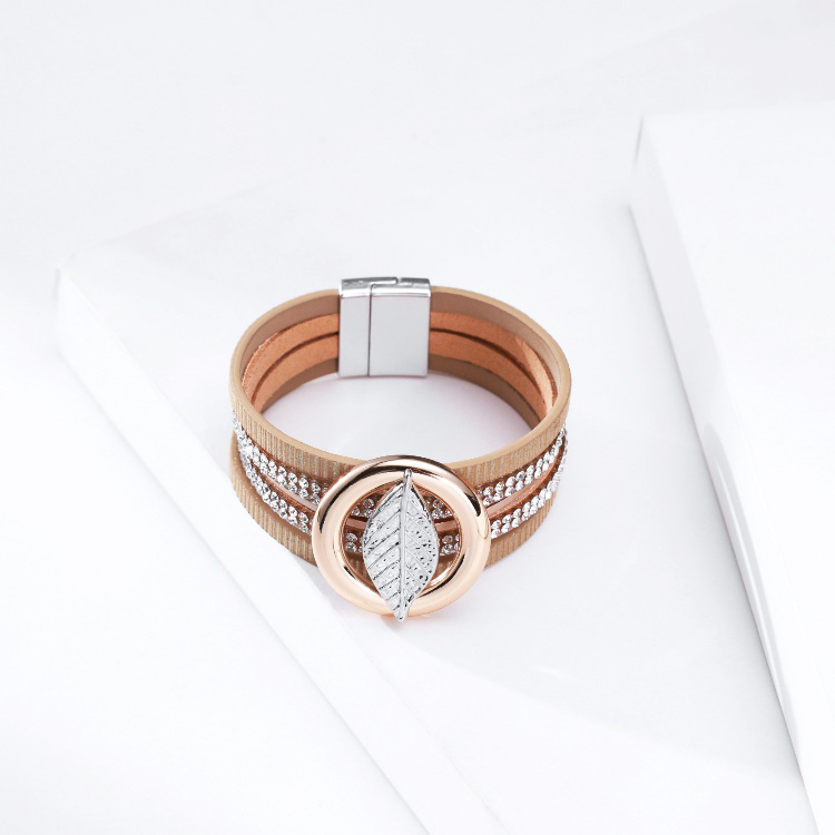 Bohemian Multilayer Hot Rhinestone Leaf Leather Bracelet
