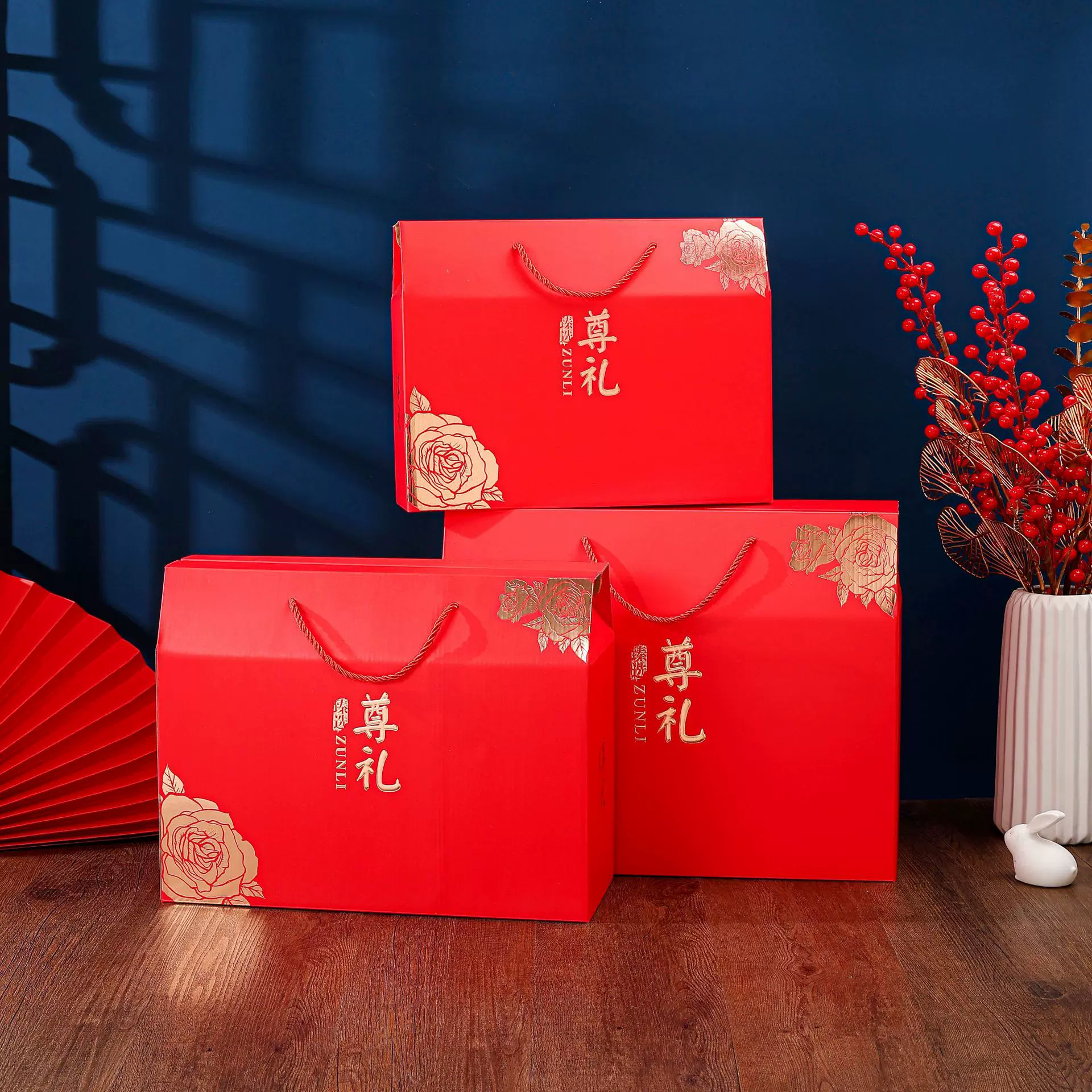 红色礼盒海鲜水果喜面坚果礼品盒熟食鸡蛋包装年货礼盒中考礼盒子