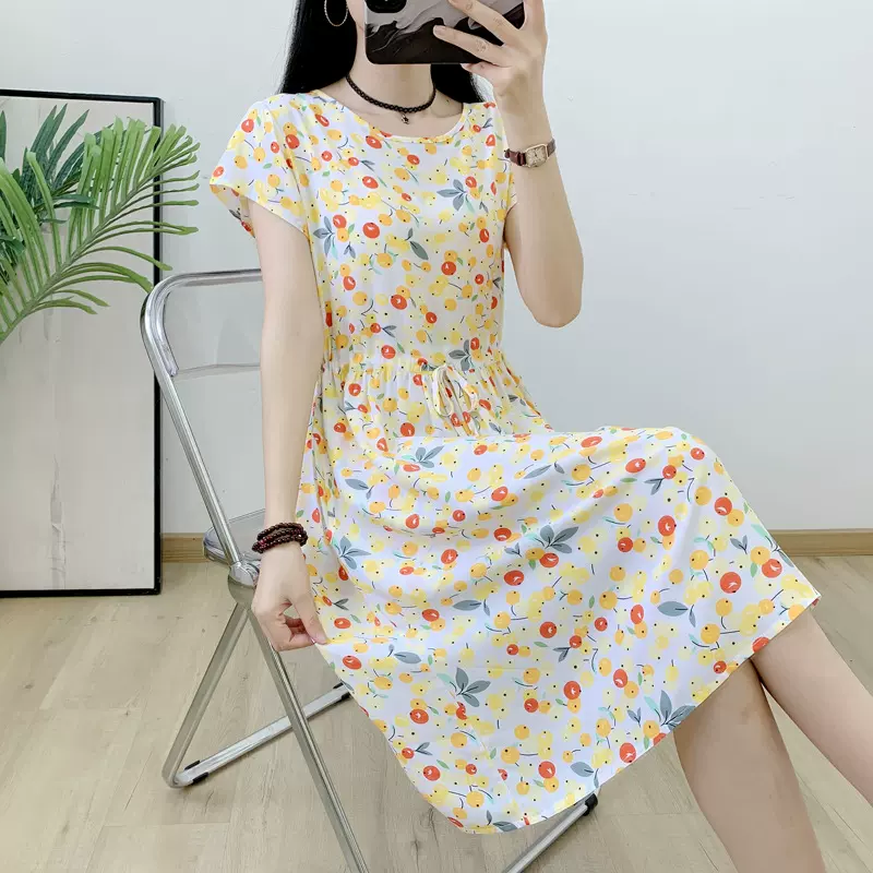夏季中长外穿2025棉绸连衣裙人造棉裙子收腰女士显瘦短袖碎花新款