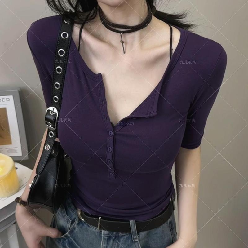 2025新款纯欲修身收腰显瘦中袖恤女纽扣辣妹领上衣黑色白色粉色|undefined