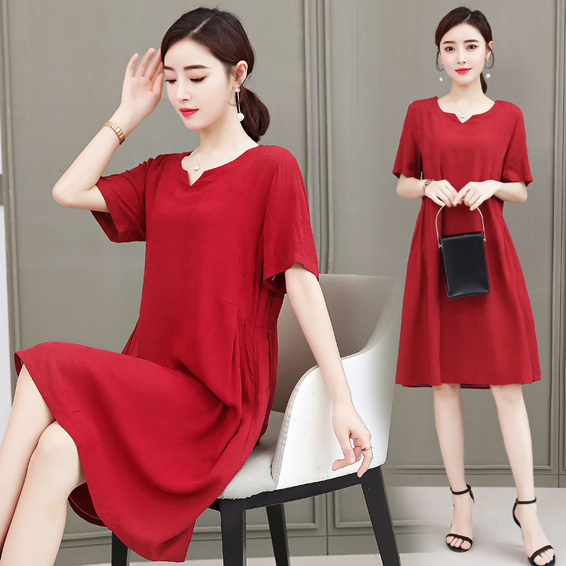 Summer Loose Mother Dress Korean Style plus size Cotton Silk dress Middle-aged A- line Skirt Casual Home Nightdress Dance Skirt