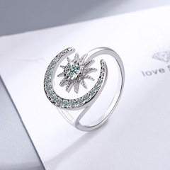 Ring for Women, Korean Version, Fresh and Minimalist, Diamond-Studded Moon-Shaped Open Ring, Fashionable Single Band Ring