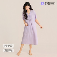 双层绉纱木耳边睡裙无印春夏款梭织连衣裙女士睡衣宽松休闲套头裙